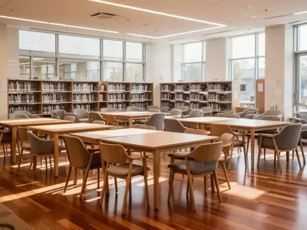 Ein heller, moderner Gemeinschaftsraum mit leeren Tischen und Stühlen in einer Bibliothek, die für einen Workshop bereitstehen. - Foto: über boerse-global.de