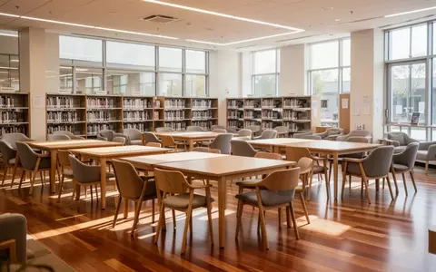 Ein heller, moderner Gemeinschaftsraum mit leeren Tischen und Stühlen in einer Bibliothek, die für einen Workshop bereitstehen. - Foto: über boerse-global.de