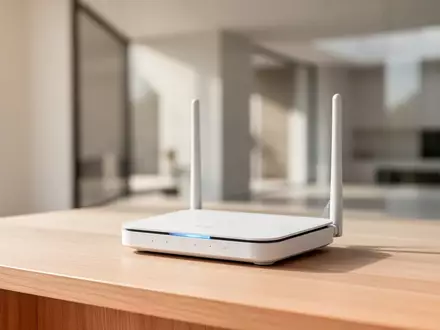 Ein moderner WLAN-Router steht auf einem Holztisch in einem hellen, minimalistisch eingerichteten Raum. - Foto: über boerse-global.de
