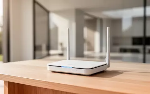 Ein moderner WLAN-Router steht auf einem Holztisch in einem hellen, minimalistisch eingerichteten Raum. - Foto: über boerse-global.de