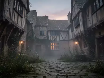 Ein nebliger, verwitterter mittelalterlicher Innenhof in England bei Dämmerung mit historischem Fachwerk und Kopfsteinpflaster. - Foto: über boerse-global.de