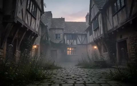Ein nebliger, verwitterter mittelalterlicher Innenhof in England bei Dämmerung mit historischem Fachwerk und Kopfsteinpflaster. - Foto: über boerse-global.de