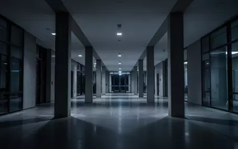 Ein minimalistischer, dunkel beleuchteter Flur in einem modernen Verwaltungsgebäude bei Nacht. - Foto: über boerse-global.de