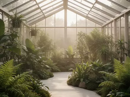 Ein lichtdurchfluteter, minimalistischer botanischer Garten mit üppigen grünen Pflanzen bei natürlichem Morgenlicht. - Foto: über boerse-global.de