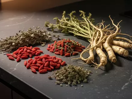 Nahaufnahme von getrockneten Goji-Beeren und Engelwurz auf einer dunklen Steinoberfläche bei stimmungsvollem Licht. - Foto: über boerse-global.de