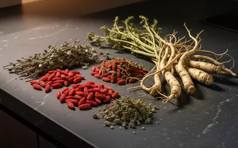 Nahaufnahme von getrockneten Goji-Beeren und Engelwurz auf einer dunklen Steinoberfläche bei stimmungsvollem Licht. - Foto: über boerse-global.de