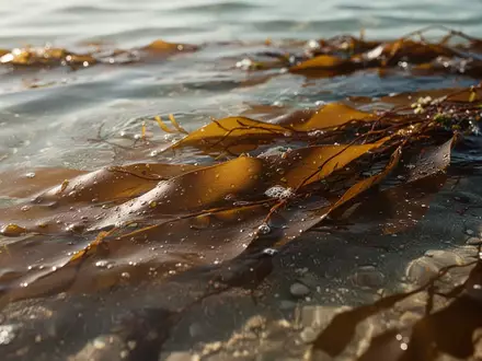Braune Algenblätter treiben in klarem Wasser als Symbol für den Wirkstoff Fucoxanthin. - Foto: über boerse-global.de