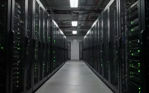 Dunkler Serverraum mit Reihen von Metall-Server-Racks und blinkenden Kontrollleuchten. - Foto: über boerse-global.de