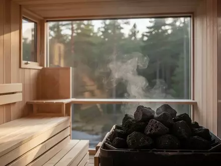 Innenansicht einer minimalistischen Holzsauna mit aufsteigendem Dampf von heißen Steinen und Blick auf eine Waldlandschaft - Foto: über boerse-global.de