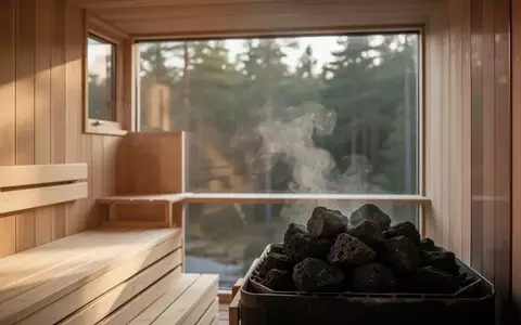 Innenansicht einer minimalistischen Holzsauna mit aufsteigendem Dampf von heißen Steinen und Blick auf eine Waldlandschaft - Foto: über boerse-global.de