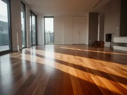 Ein sonnendurchfluteter, minimalistisch gestalteter Wohnraum mit poliertem Holzboden und klaren Lichtreflexionen. - Foto: über boerse-global.de