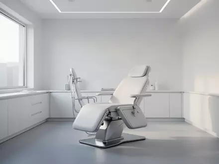 Ein leerer, modern eingerichteter medizinischer Untersuchungsraum in hellen Farben mit natürlichem Lichteinfall. - Foto: über boerse-global.de