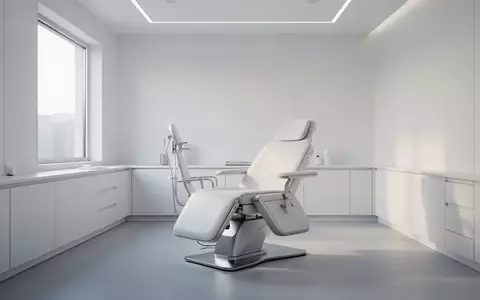 Ein leerer, modern eingerichteter medizinischer Untersuchungsraum in hellen Farben mit natürlichem Lichteinfall. - Foto: über boerse-global.de