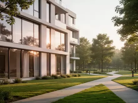 Ein modernes Wohngebäude mit großen Fenstern in einer grünen Parkanlage bei Tageslicht. - Foto: über boerse-global.de