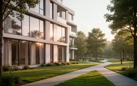 Ein modernes Wohngebäude mit großen Fenstern in einer grünen Parkanlage bei Tageslicht. - Foto: über boerse-global.de