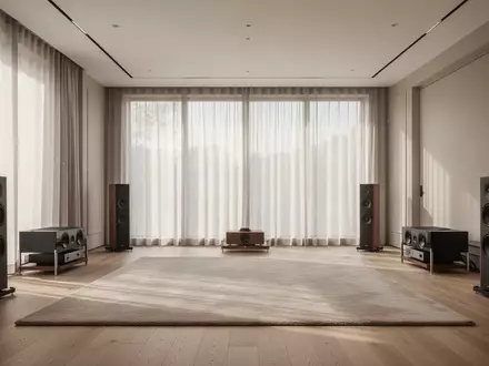 Ein minimalistisch eingerichtetes Wohnzimmer mit hellem Holzboden und weichem, natürlichem Tageslicht, das für eine hochwertige Akustikumgebung konzipiert ist. - Foto: über boerse-global.de