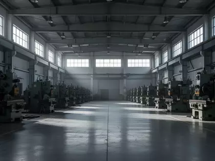 Eine leere, weitläufige Industriehalle mit ungenutzten Maschinen und kühlem Lichteinfall. - Foto: über boerse-global.de