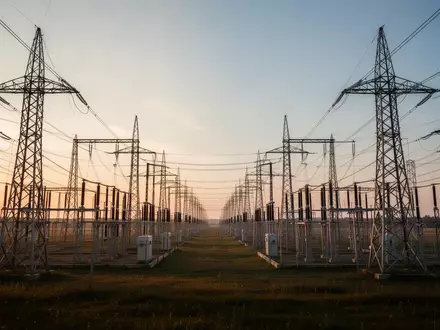 Hochspannungsmasten einer Umspannstation in einer weiten Landschaft bei Sonnenuntergang. - Foto: über boerse-global.de