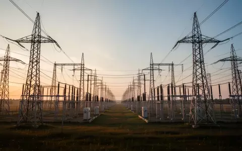 Hochspannungsmasten einer Umspannstation in einer weiten Landschaft bei Sonnenuntergang. - Foto: über boerse-global.de