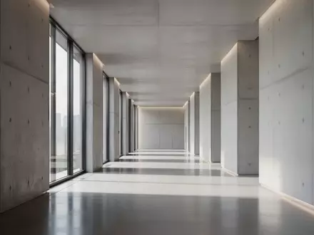 Ein minimalistischer, moderner Flur mit poliertem Betonboden und natürlichem Licht, das durch große Fenster fällt. - Foto: über boerse-global.de