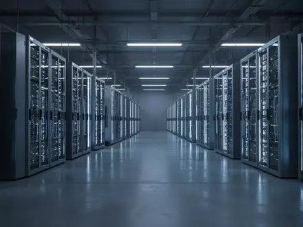 Moderne Serverräume in einer Forschungseinrichtung mit blau beleuchteten Metallschränken in einer minimalistischen Architektur. - Foto: über boerse-global.de