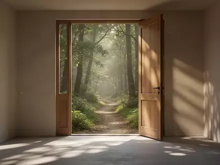 Ein sonnendurchfluteter, minimalistischer Raum mit Blick auf einen ruhigen Waldweg, der eine Atmosphäre der Inspiration und Entspannung vermittelt. - Foto: über boerse-global.de
