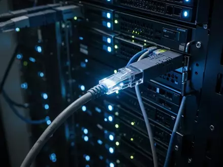 Nahaufnahme von Server-Hardware in einem dunklen Rechenzentrum mit blauen LED-Lichtern. - Foto: über boerse-global.de