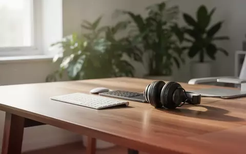 Ein minimalistischer Arbeitsplatz mit kabelloser Tastatur und Kopfhörern auf einem Holztisch bei natürlichem Licht. - Foto: über boerse-global.de
