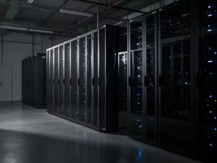Ein dunkler, minimalistischer Serverraum mit leuchtenden Status-LEDs an metallischen Schaltschränken in einer Industriehalle. - Foto: über boerse-global.de