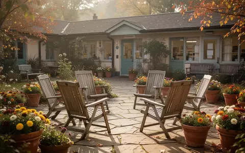 Ein sonniger Innenhof eines Gemeindezentrums mit in einem Kreis aufgestellten Gartenstühlen und herbstlichen Blumenkübeln. - Foto: über boerse-global.de