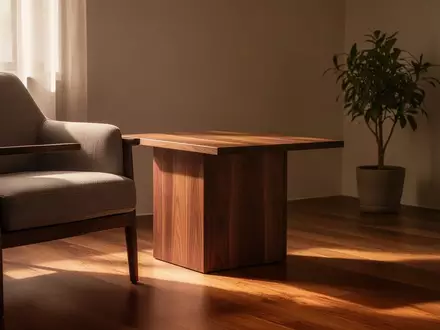 Ein minimalistisch eingerichtetes Wohnzimmer mit einem Holztisch, einem Sessel und einer Pflanze bei warmem Sonnenlicht. - Foto: über boerse-global.de