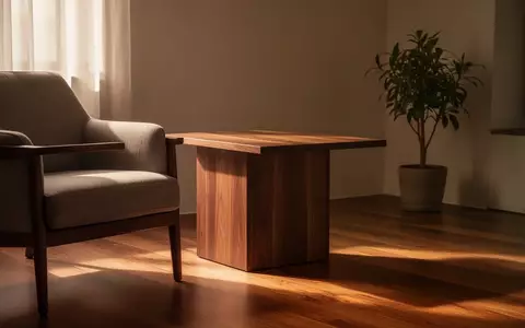 Ein minimalistisch eingerichtetes Wohnzimmer mit einem Holztisch, einem Sessel und einer Pflanze bei warmem Sonnenlicht. - Foto: über boerse-global.de
