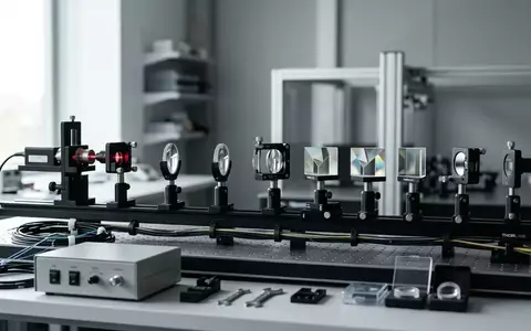 Ein modernes optisches Labor mit Präzisionslinsen und Prismen auf einem Labortisch in einer minimalistischen Umgebung. - Foto: über boerse-global.de