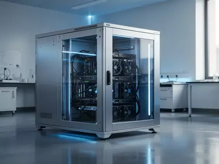 Ein minimalistischer, hochmoderner Arbeitsbereich in einem Labor mit einem Aluminium-Servergehäuse und dezenter blauer Beleuchtung. - Foto: über boerse-global.de