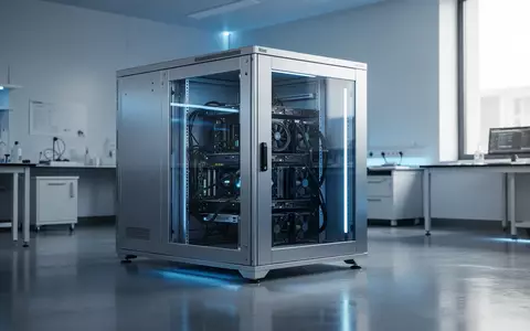 Ein minimalistischer, hochmoderner Arbeitsbereich in einem Labor mit einem Aluminium-Servergehäuse und dezenter blauer Beleuchtung. - Foto: über boerse-global.de
