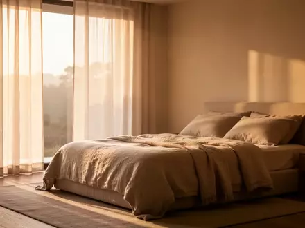 Ein minimalistisch eingerichtetes Schlafzimmer mit sanftem Morgenlicht, das durch Vorhänge auf ein unberührtes Bett fällt. - Foto: über boerse-global.de
