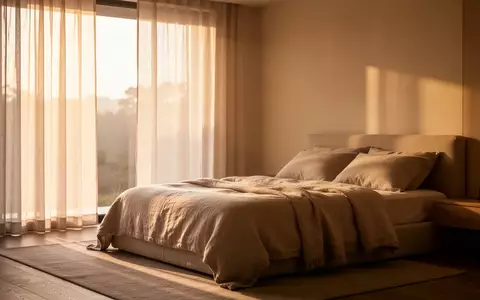 Ein minimalistisch eingerichtetes Schlafzimmer mit sanftem Morgenlicht, das durch Vorhänge auf ein unberührtes Bett fällt. - Foto: über boerse-global.de