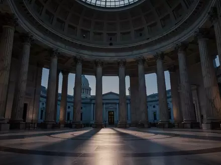 Ein leeres, monumentales Regierungsgebäude mit hohen Marmorsäulen in der Dämmerung. - Foto: über boerse-global.de