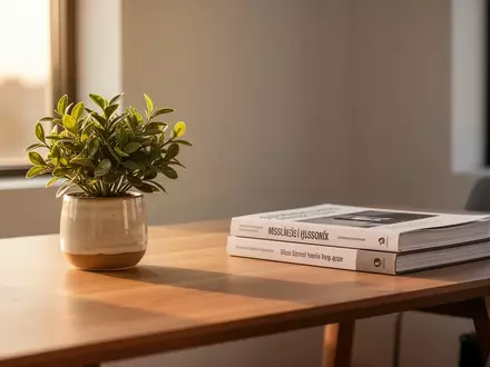 Ein minimalistischer Arbeitsplatz bei Sonnenlicht mit einer kleinen Zimmerpflanze auf einem Holztisch. - Foto: über boerse-global.de