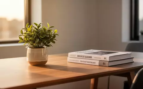 Ein minimalistischer Arbeitsplatz bei Sonnenlicht mit einer kleinen Zimmerpflanze auf einem Holztisch. - Foto: über boerse-global.de