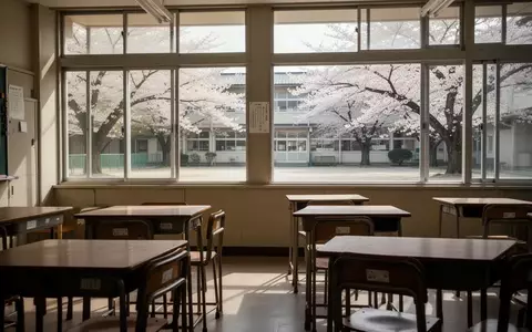 Ein leerer, von natürlichem Licht durchfluteter Klassenraum in einer japanischen Schule mit Blick auf einen ruhigen Schulhof. - Foto: über boerse-global.de