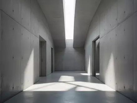 Ein minimalistischer, moderner Flur mit klaren Betonwänden und diffusem Tageslicht, das geometrische Schatten wirft. - Foto: über boerse-global.de