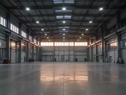 Eine weitläufige, leere Industriehalle mit modernen Betonböden und hohen Fenstern bei Dämmerung. - Foto: über boerse-global.de