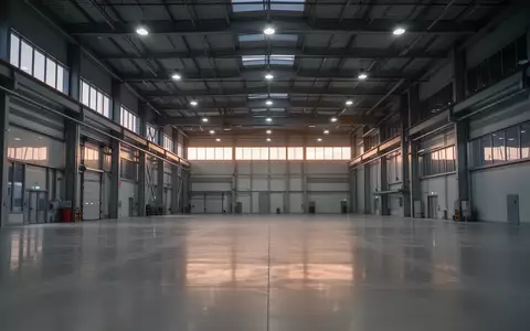 Eine weitläufige, leere Industriehalle mit modernen Betonböden und hohen Fenstern bei Dämmerung. - Foto: über boerse-global.de
