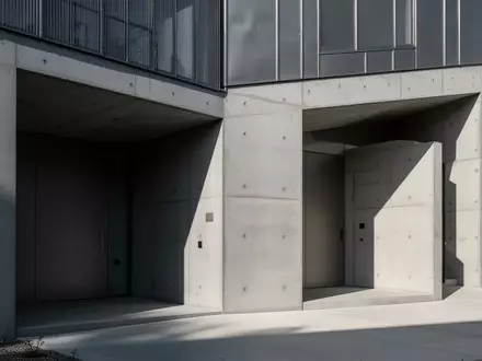 Moderne Gebäudefassade mit minimalistischen Eingängen aus Beton und Metall bei Tageslicht. - Foto: über boerse-global.de