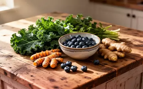 Frisches Gemüse, Kurkuma, Ingwer und Beeren auf einem Holztisch als Symbol für entzündungshemmende Ernährung. - Foto: über boerse-global.de