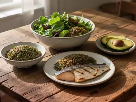 Eine Auswahl an gesunden Lebensmitteln wie Salat, Linsen, Fisch und Avocado auf einem Holztisch bei natürlichem Tageslicht. - Foto: über boerse-global.de