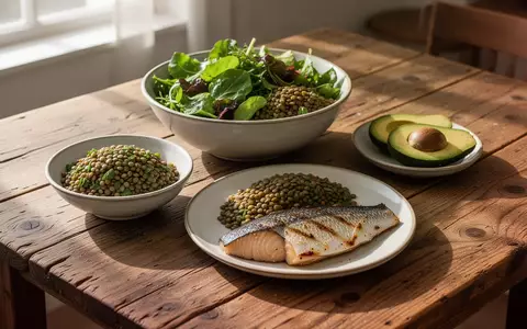 Eine Auswahl an gesunden Lebensmitteln wie Salat, Linsen, Fisch und Avocado auf einem Holztisch bei natürlichem Tageslicht. - Foto: über boerse-global.de