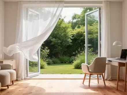 Ein lichtdurchfluteter, minimalistischer Wohnraum mit offenem Fenster und Blick ins Grüne, der eine gesunde Umgebung symbolisiert. - Foto: über boerse-global.de