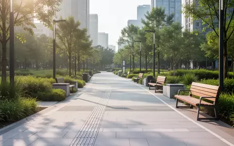 Ein barrierefreier, heller Gehweg in einem öffentlichen Park mit taktilen Leitelementen und Sitzgelegenheiten. - Foto: über boerse-global.de
